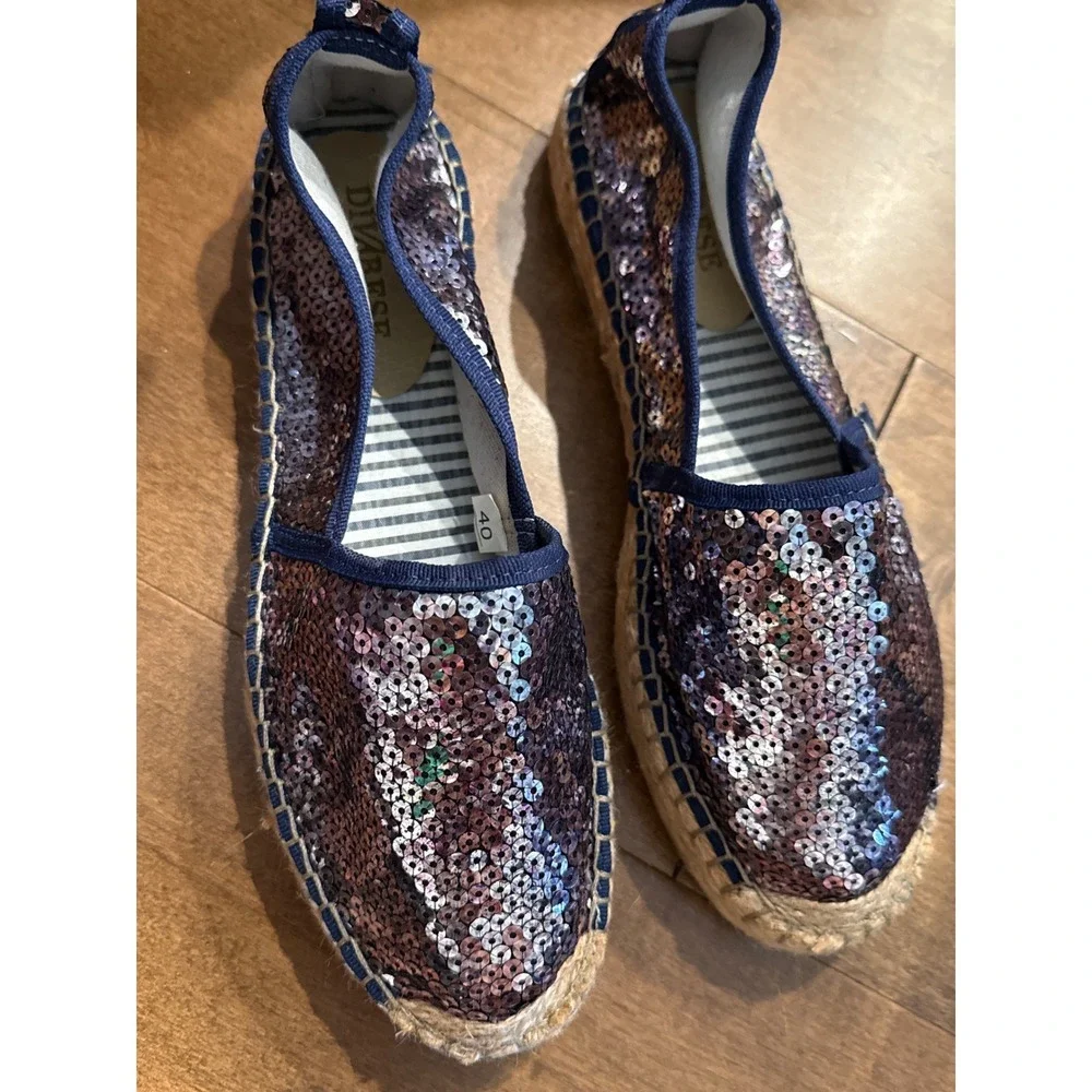 Divarese Sequin Espadrilles Navy Blue Purple Iridescent Slip On Flats Size 40